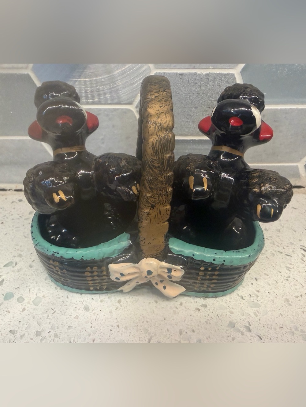 Vintage 1950s Poodle & Basket Salt & Pepper Shakers. Japan Redware.